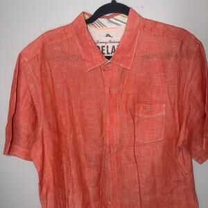Tommy Bahama 100% Linen Mens Size Large Orange Short Sleeve Beach Cruise
